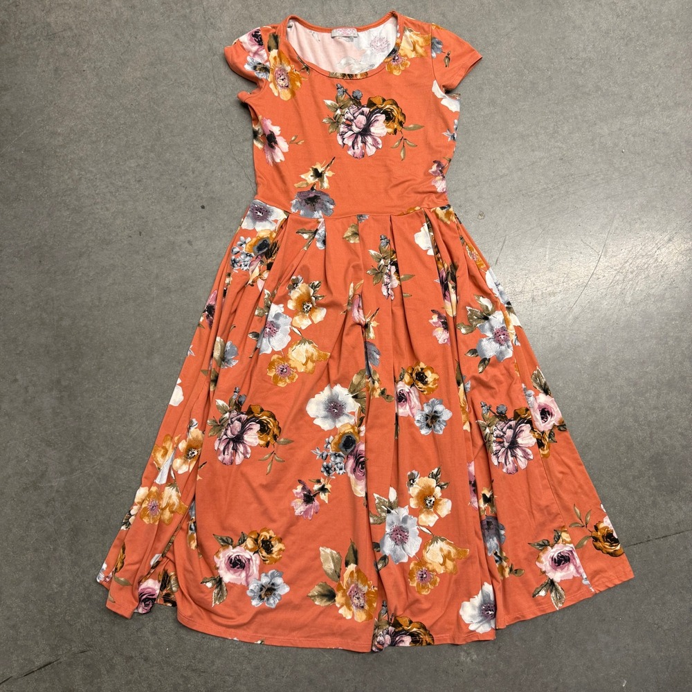 Pretty Young Thing Burnt Orange Floral Short Sleeve Pleated Midi Dress Womens